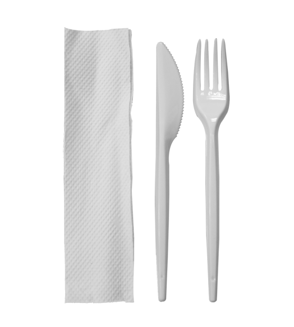 [500] Kit de cubiertos desechables envueltos blancos resistentes 4 en 1 -  Tenedor/cuchara/cuchillo/servilleta - Kit de cubiertos desechables,  perfecto